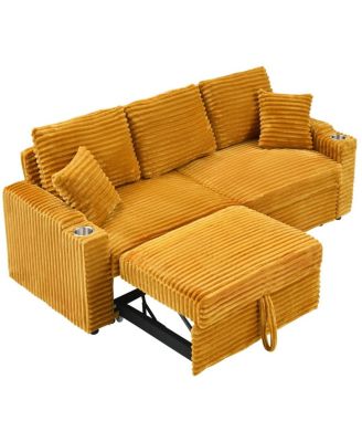 80" Pull-Out Corduroy Sleeper Sofa Bed with Cup Holders & Pillows for Living Room or Apartment