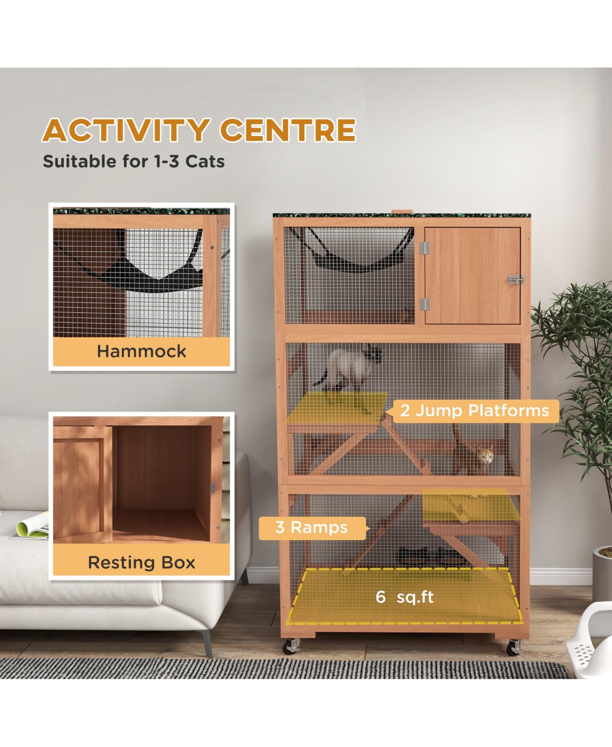 PawHut Catio, Outdoor Cat Enclosure House on Wheels with Hammock,