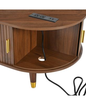  42.5" Oval Fluted Coffee Table with Charging Station, Sliding Door