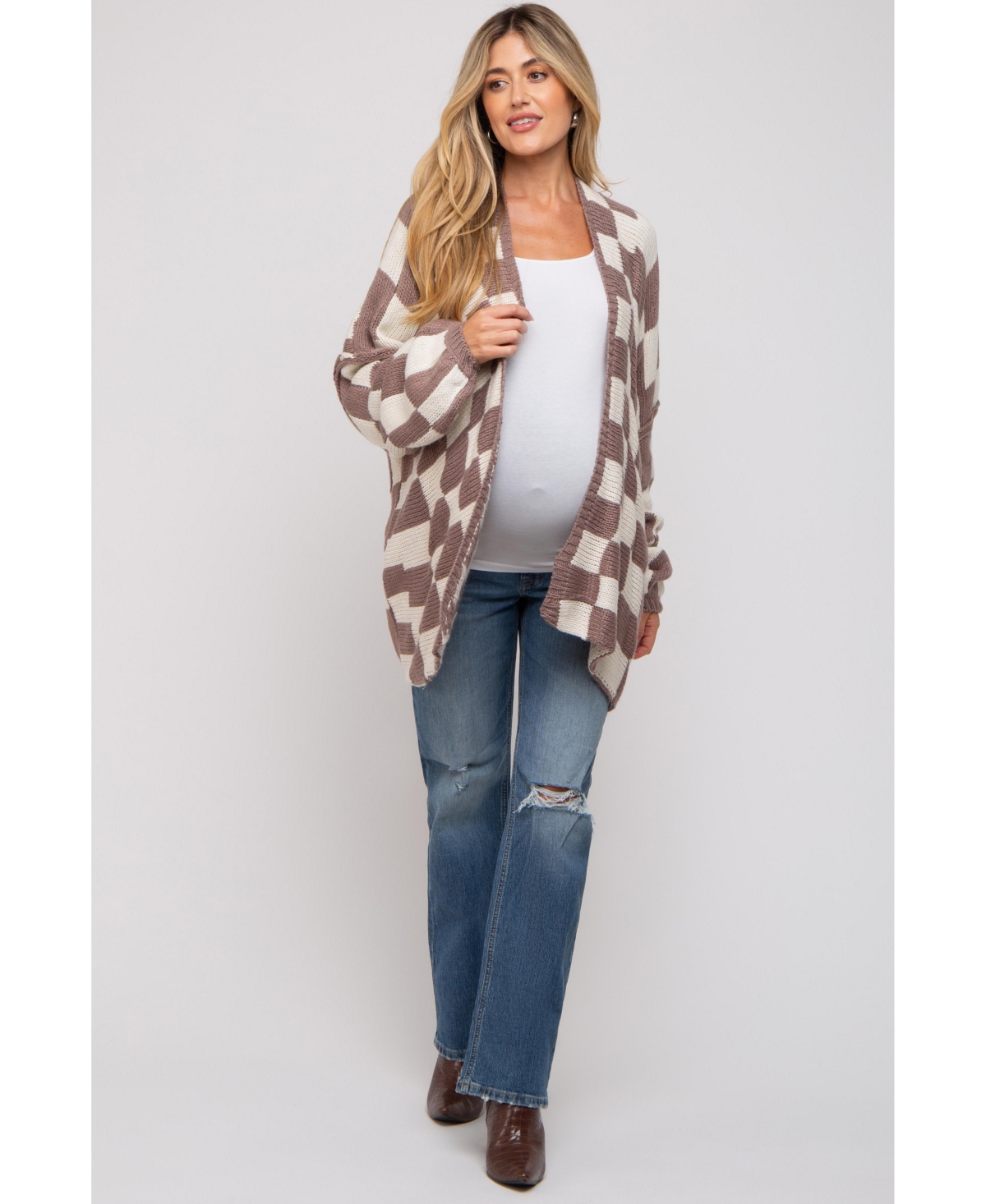 Pinkblush Maternity Taupe Checkered Print Oversized Cardigan