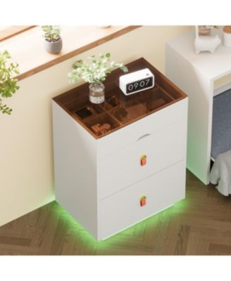 3-Drawer LED Nightstand, Glass Top, Faux Leather Handles