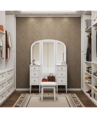 Antique White Vanity Set with Triple Mirror & Stool