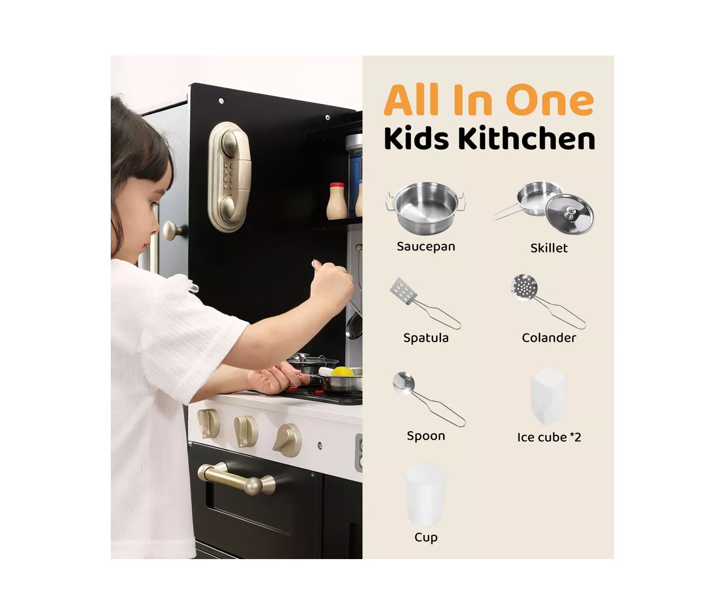 Детский игровой набор Kinder King Interactive Lights and Sounds Wooden Kitchen Playset, Ages 3+, цвет: Чёрный — фото 7