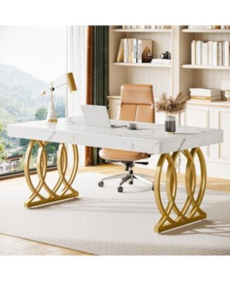 63-Inch Executive Desk, Modern Office Computer Desk with Faux Marble Tabletop