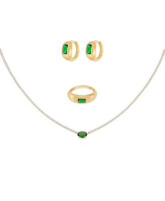 18k Gold Plated Sterling Silver Emerald Rectangle Necklace, Ring & Huggies Set Holiday Gift Idea