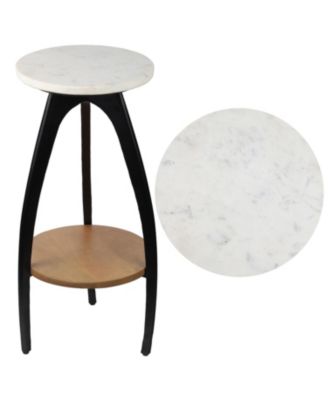 Ollie 24.5" Designer Farmhouse Metal Tripod Drink Table and Decorative End Table with White Marble Round Top and Wood Undershelf