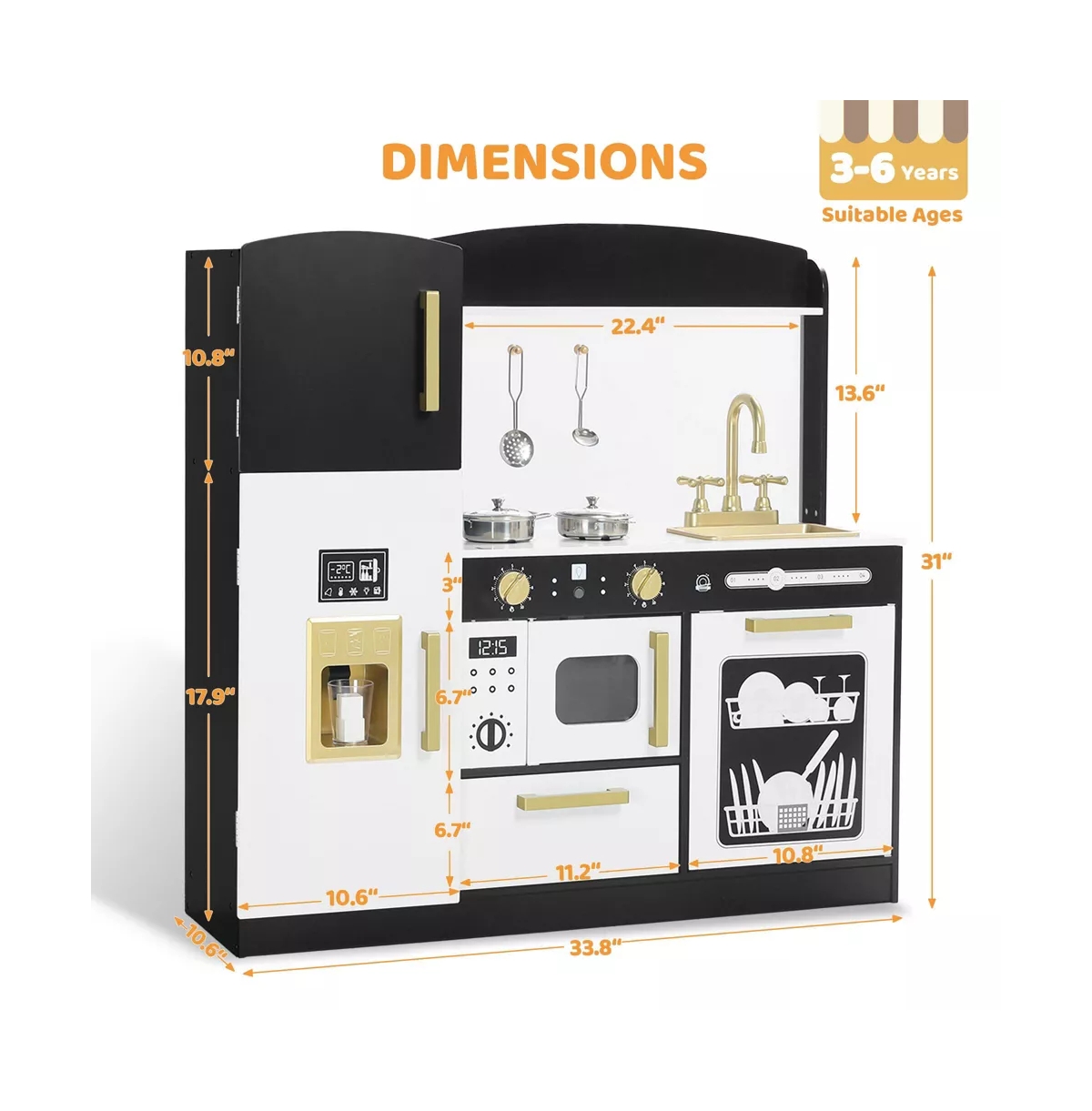 Kinder King Wooden Pretend Play Kids Kitchen, Toy Kitchen Playset w/Oven, Microwave for Boys Girls Age 3