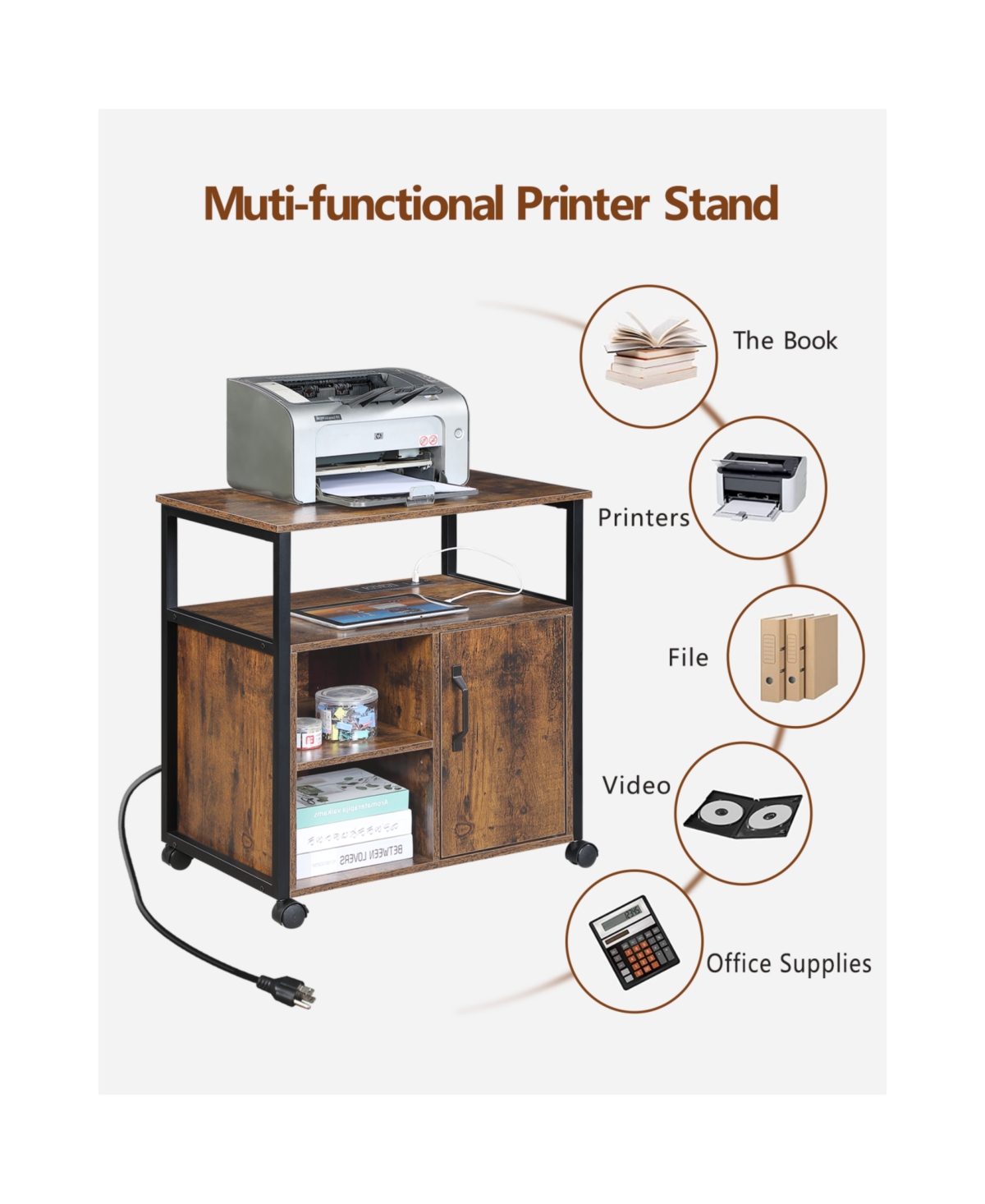 Streamdale Furniture File Cabinet with Charging, Printer Stand, Metal Frame, Rustic Brown