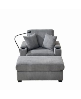 Oversized Corduroy Chaise Lounge Chair with Ottoman, Storage & USB - Grey
