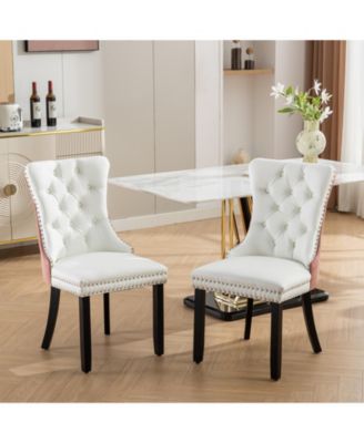 Modern Tufted Dining Chair Set, White PU/Pink Velvet