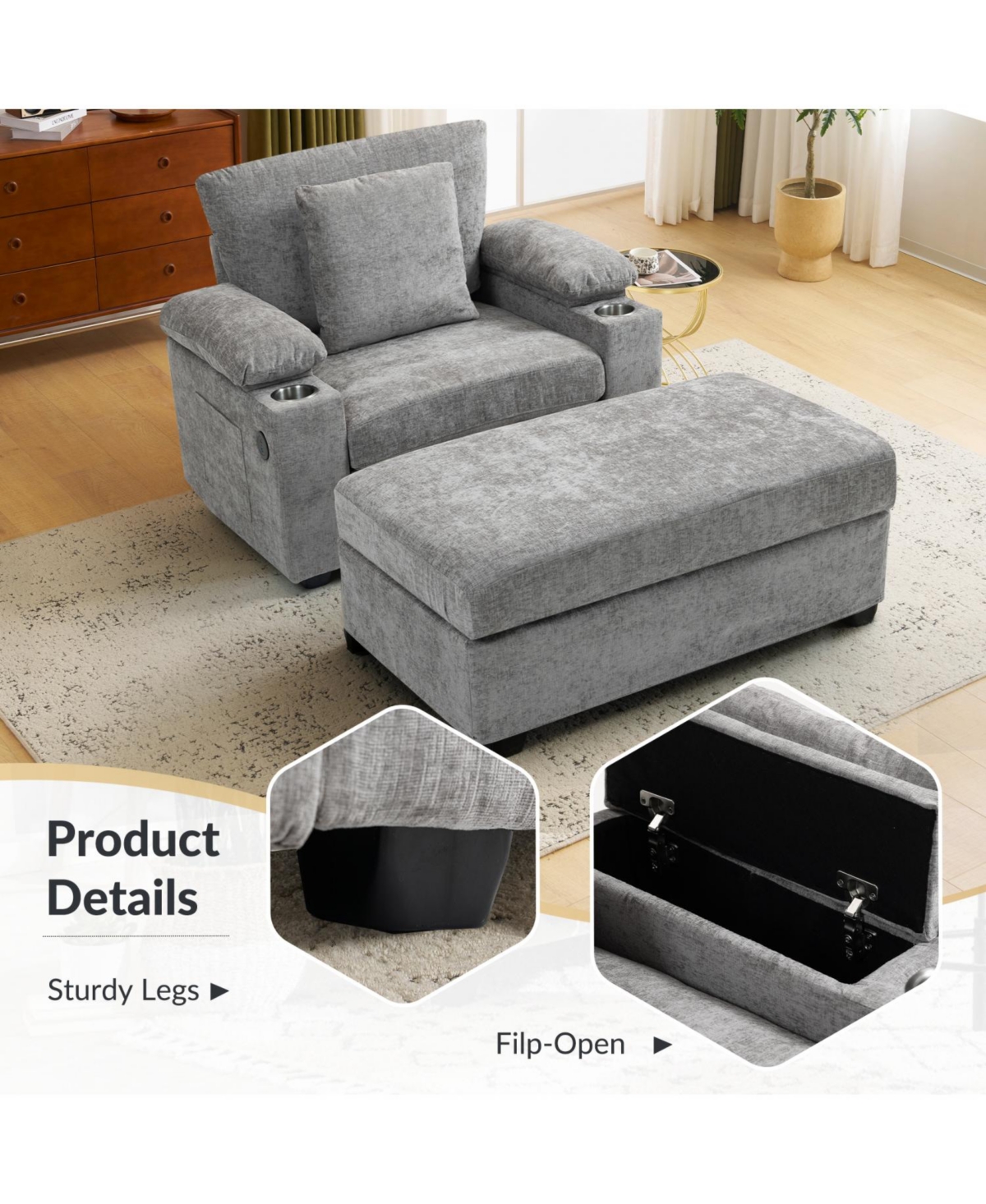 Streamdale Furniture Oversized Chenille Chair with Ottoman Usb & Cupholders