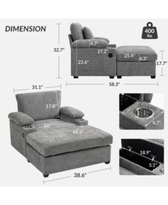 Oversized Chenille Chair with Ottoman USB & Cupholders