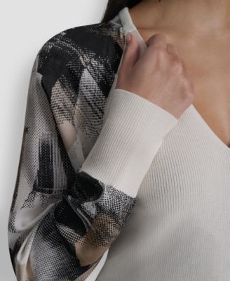 Women's Printed Organza-Sleeve V-Neck Shirt