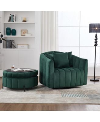 Swivel Velvet Barrel Chair & Ottoman with Pillows - GREEN