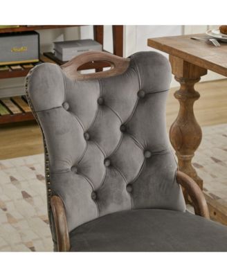  Velvet Tufted Dining Chairs, Wood Handles & Legs, Copper Nails, Set of 2, Gray