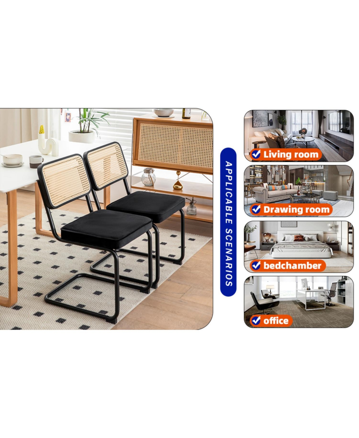 Streamdale Furniture + Set of 2 + Velvet Rattan + Chrome Legs + Dining Chairs