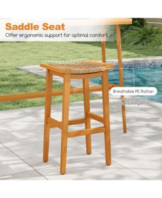 Outdoor Acacia Wood Bar Stools Set of 4 w/ PE Rattan Seats & Backrests