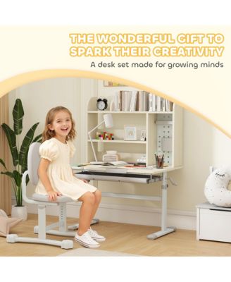 Kids Study Desk and Chair Set with Tiltable Desktop and Hutch,