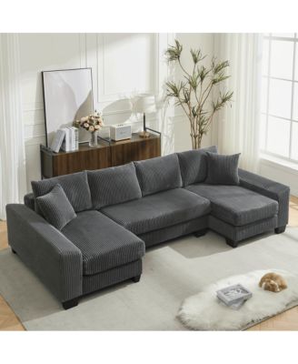 114" U-Shaped Corduroy Upholstery Pull-Out Sleeper Bed, Oversized Convertible Sectional, Chaise Lounges, Pillows & Cushions Sofa Bed