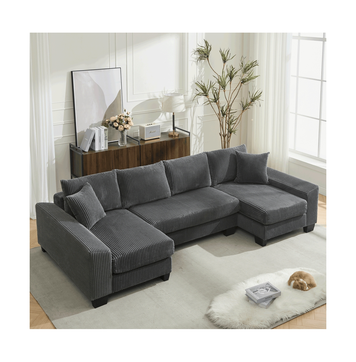 Maison Boucle 114" U-Shaped Corduroy Upholstery Pull-Out Sleeper Bed, Oversized Convertible Sectional, Chaise Lounges, Pillows & Cushions Sofa Be