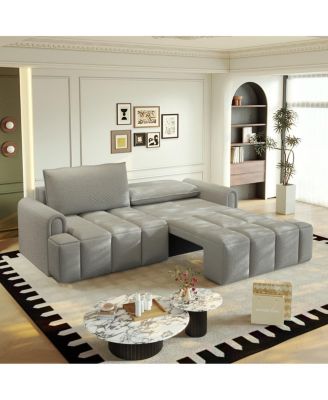 Modern 4-Seat Teddy Fabric Sleeper Sofa with Storage, 90" Pull-Out Couch Bed, King Size Convertible for Living Room