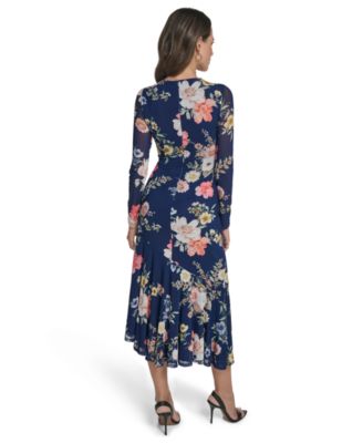 Women's Printed Mesh Long-Sleeve Asymmetrical Hem Bodycon Dress