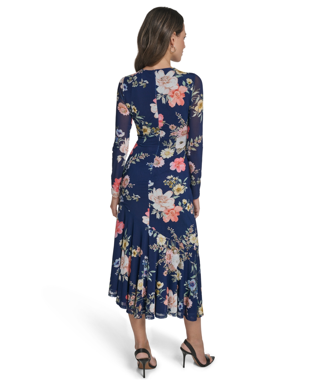 Vince Camuto Women's Printed Mesh Long-Sleeve Asymmetrical Hem Bodycon Dress