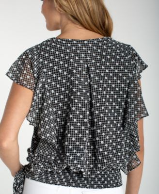 Women's Short Ruffle-Sleeve Drape Front Woven Blouse
