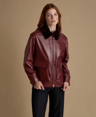 Women's Leather Jacket with Detachable Shearling Collar