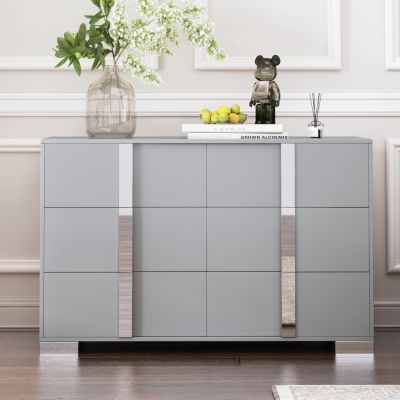 Streamdale Elegant Mirrored Dresser with Metal Handle and 6 Drawers, Grey