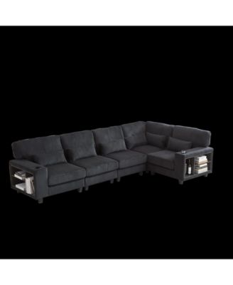 L-Shaped Corduroy Sectional Sofa with Storage & Cup Holder