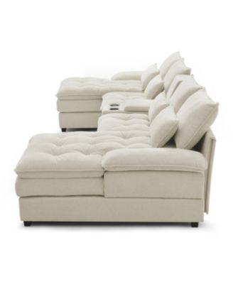 130" U-Shaped Sofa with Console Cupholders Sleeper & Chaise (Beige)