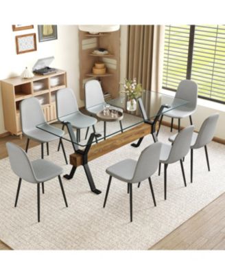 8 Gray Linen Chairs & Wood Grain Table Set