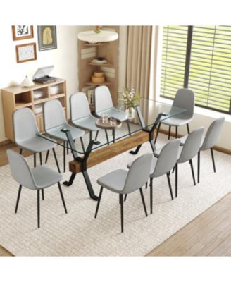 79" Table & 10 Gray Linen Chairs Black Metal Legs