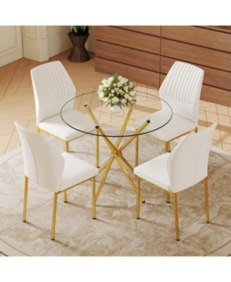 4-Piece Round Glass Dining Set with White-Gold Chairs