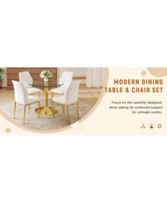 35" Glass Round Dining Set - Gold Base & 4 White PU Chairs