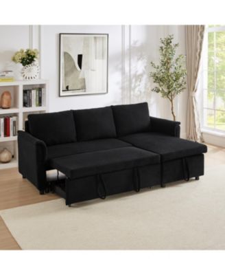 Corduroy Sleeper Sectional Sofa with Storage Chaise - Black