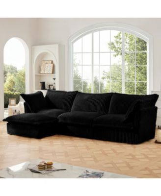 L-Shaped Black Corduroy Sectional Sofa with Ottoman