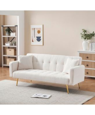 Beige Teddy Fleece Sofa Bed with 2 Throw Pillows