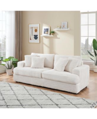Corduroy 3-Seater Sofa w/ 4 Pillows - White