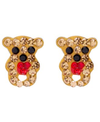 Crystal Stone Teddy Bear with Heart Stud Earrings