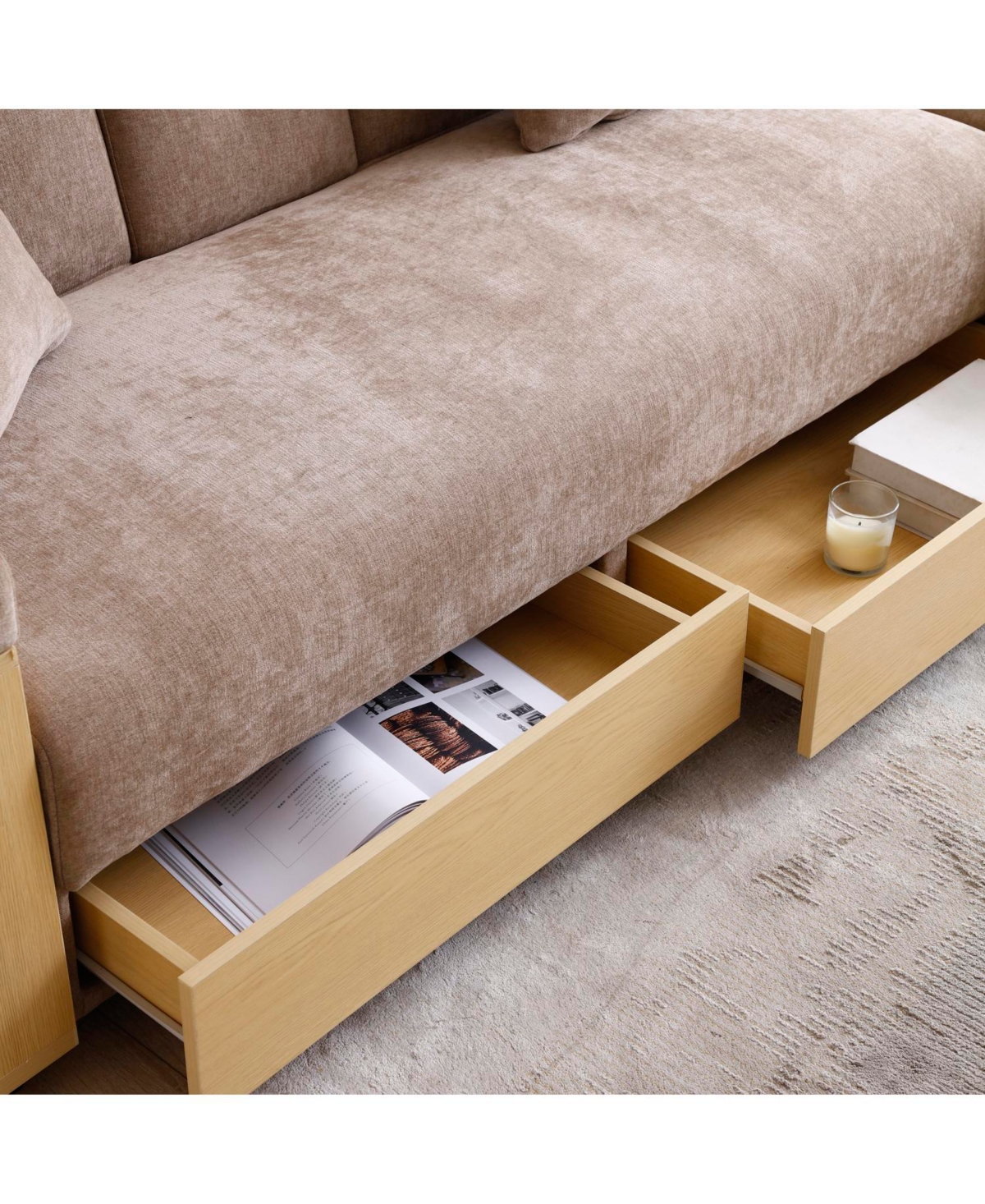 Streamdale Furniture Convertible Sleeper Sofa Bed with Storage Ottoman & Drop Down Table - Light Brown