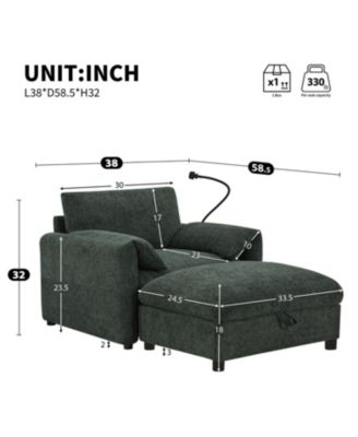 38" Sofa w/ Storage Ottoman, USB, Phone Holder, Pockets, Wide Chaise, Chenille