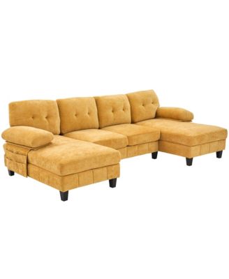 U-Shaped Chenille Sectional Sofa with Dual Chaise & Storage - Yellow