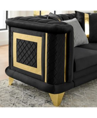 Velvet 3 Seater Sofa, Gold Trim, Tufted Couch with Pillows