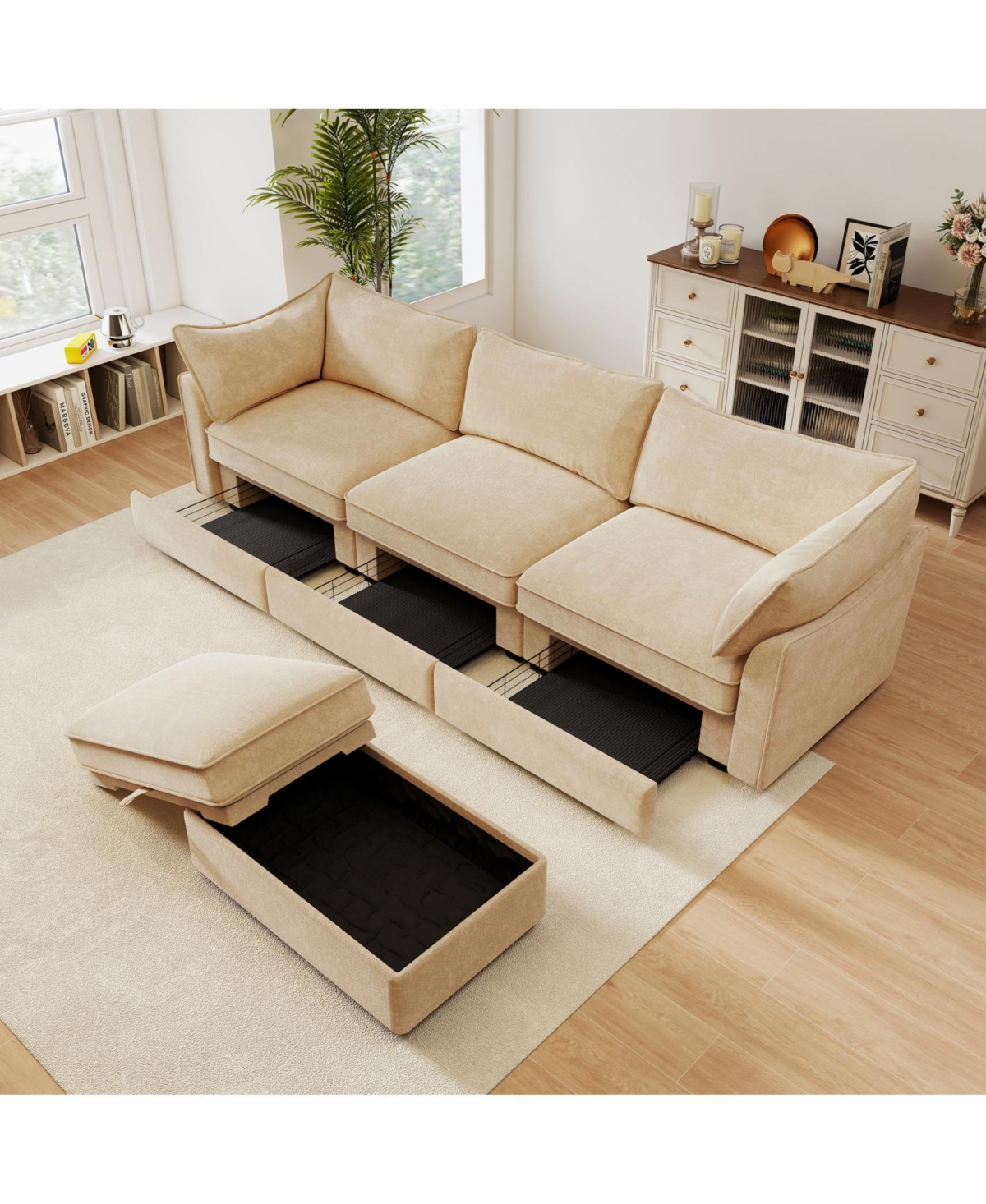 Streamdale Furniture L-Shaped 3-Seater Chenille Sofa with Footstool - Wheat