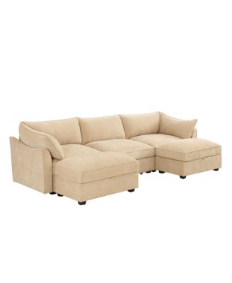 U-Shaped 3-Seater Sofa w/ Footstools & Storage - Chenille Wheat