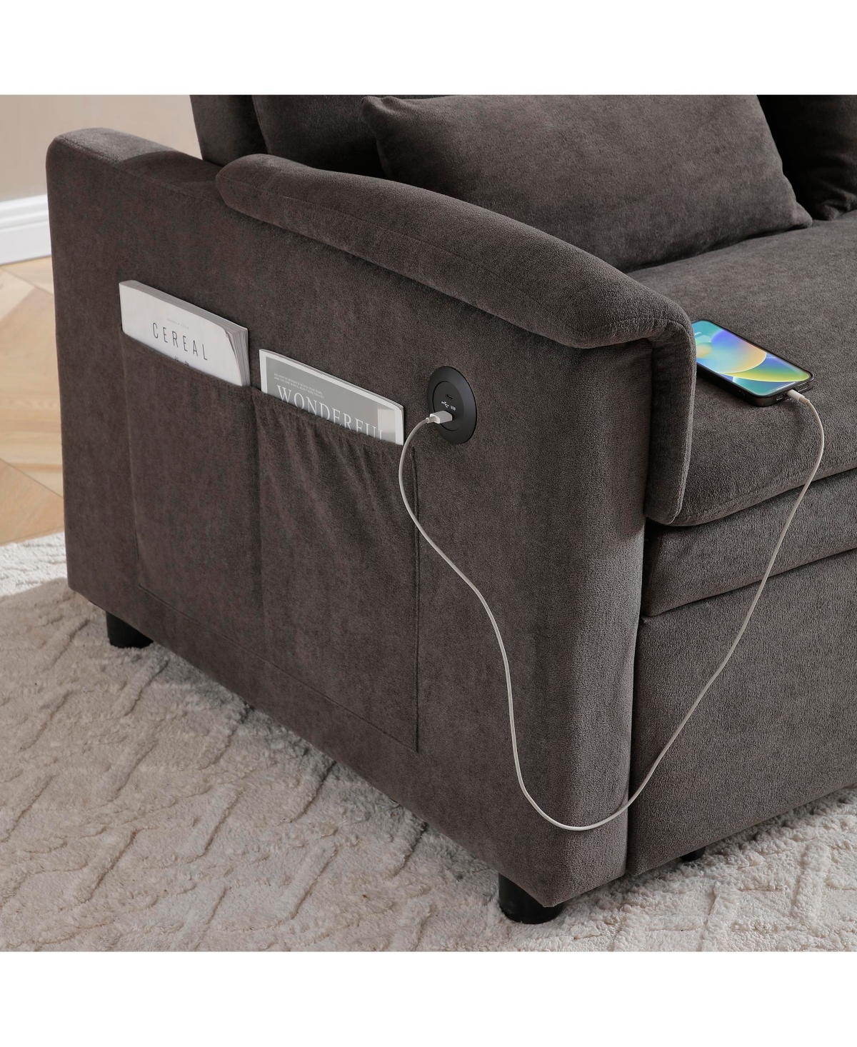 Streamdale Furniture 55" Velvet Pull Out Sofa Bed w/ Usb, Pockets, Pillows