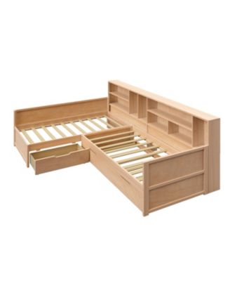  Twin L-Shaped Daybed with Trundle, Storage & Bookcases - Natural