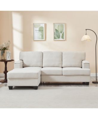 Beige Linen L-Shaped Sectional Sofa with Ottoman